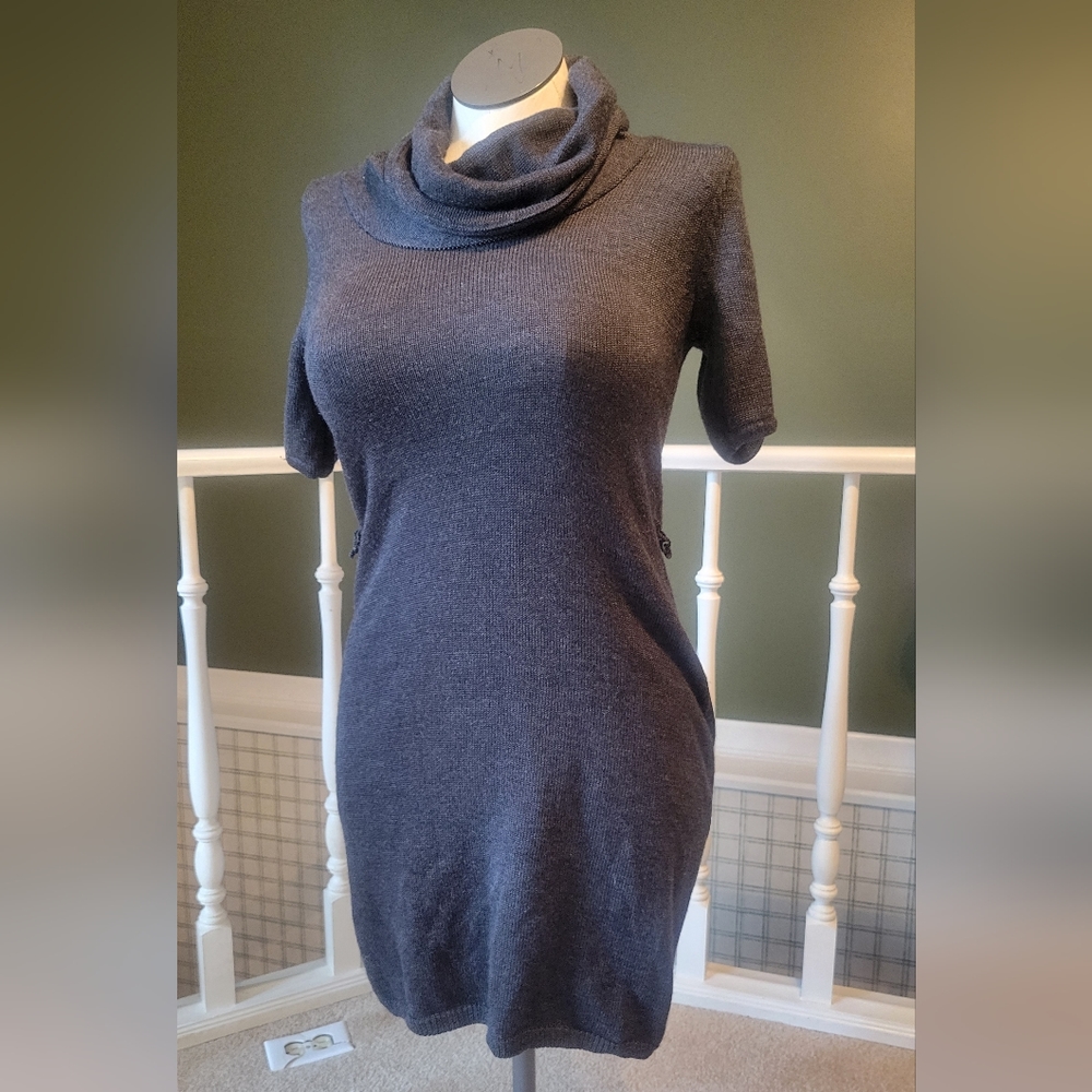 Calvin Klein Sweater Dress Loose Turtleneck Short Sleeve Gray S (belt loops)